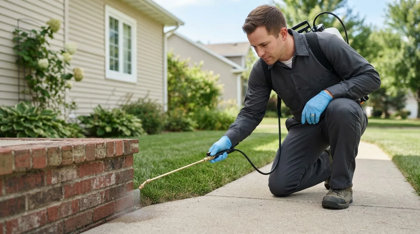 Pest control technician treating a home near Beecher Falls, VT